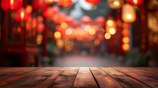 empty wooden table, blurred Chinese background, Chinese New Year