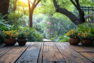 Obraz premium Wooden Deck Adorned with Blooming Potted Plants. A tranquil garden pathway is framed by lush greenery and vibrant flowers in terracotta pots