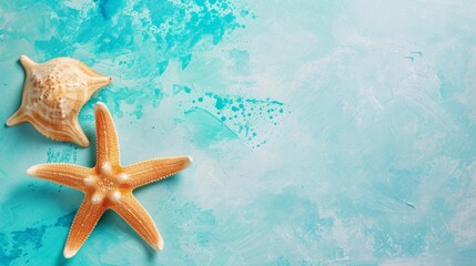 Marine Starfish and Shell on Aqua Textured Background. A vivid orange starfish and a detailed seashell rest on a bright aqua blue background with space for text