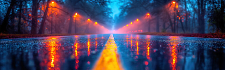 Mystical view of a wet road at night, illuminated by streetlights. Vibrant reflections on the surface, surrounded by foggy atmosphere and faintly visible trees. - obrazy, fototapety, plakaty