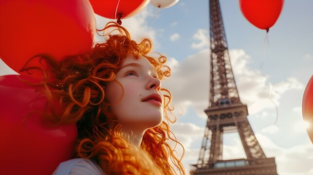 Joyful woman with red balloons by the eiffel tower. radiant happiness in paris. candid travel moment captured. lifestyle and joy themed image. AI