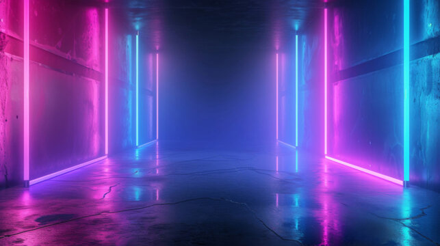 A striking image showcasing a corridor bathed in vibrant neon lights, casting a cool glow over the glossy concrete floor.