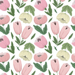 Seamless pattern with flowers and leaves. Botanical illustration. Vector