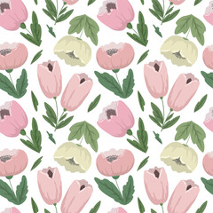 Seamless pattern with flowers and leaves. Botanical illustration. Vector