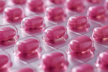 Close-up of Pink Medicine Pills in Blister Pack. Woman health concept. Contraception, cure for breast cancer, vitamin