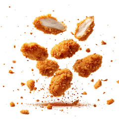 
Fried chicken nuggets with crumbs falling.
