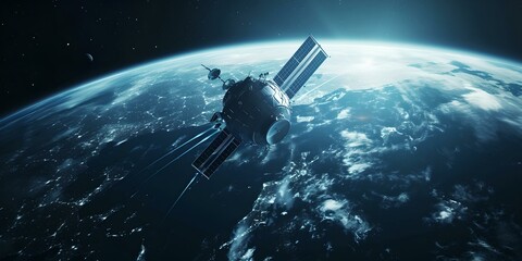 Futuristic satellite orbiting earth, space technology concept, exploration and communication satellite. AI