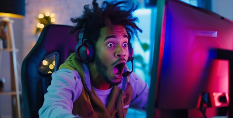 Shocked African American youtuber gamer reacting to game surprise with headset and hoodie