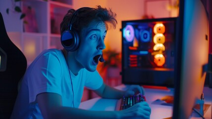 Shocked Caucasian youtuber gamer playing on computer with headset and solid white t-shirt