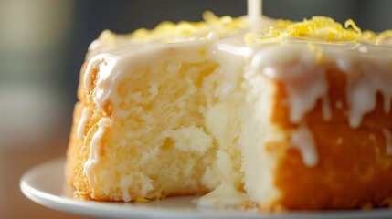 Angel food cake with lemon glaze, mouth watering delicious home baked goodness