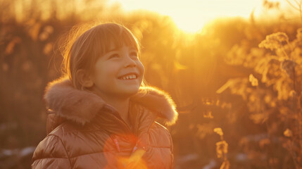 A young girl smiles joyfully at the setting sun.