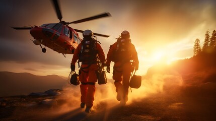 Two paramedic with safety harness and climbing equipment running to helicopter emergency medical service. Themes rescue, help and hope.