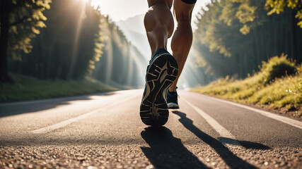 Feet of runner running on road in the mountain in the morning