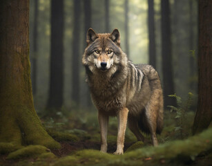 Obraz premium Portrait of a wolf standing in the forest 