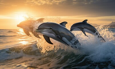 Two Dolphins Jumping Out of the Water at Sunset