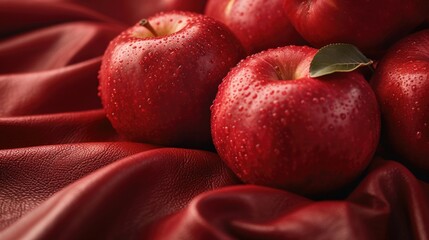 An up-close perspective of eco Apple Leather, highlighting its smooth, refined texture and rich, fruity tone, with a cluster of fresh apples at the top, eco-friendly, apple-derived nature