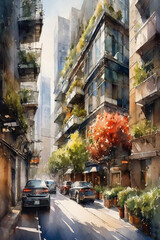 Fototapeta premium Picturesque Coastal Village, Watercolor