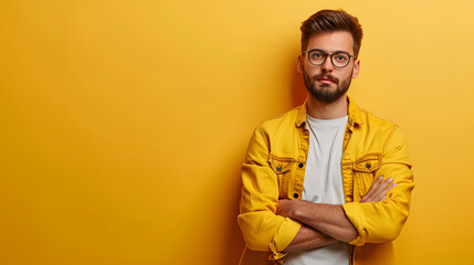 Close up of man wearing t-shirt and sunglasses, folded hands isolated on yellow background, summertime, half body. front view. copy space, mockup. - obrazy, fototapety, plakaty