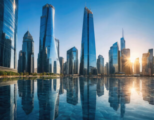 Image of modern smart city skyscrapers, futuristic financial district with buildings and reflections, blue color background for corporate and business template with warm sun rays of light.