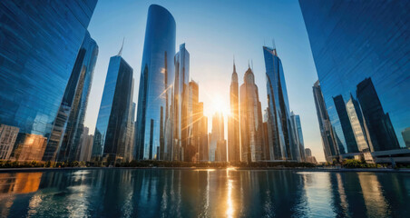 Image of modern smart city skyscrapers, futuristic financial district with buildings and reflections, blue color background for corporate and business template with warm sun rays of light.