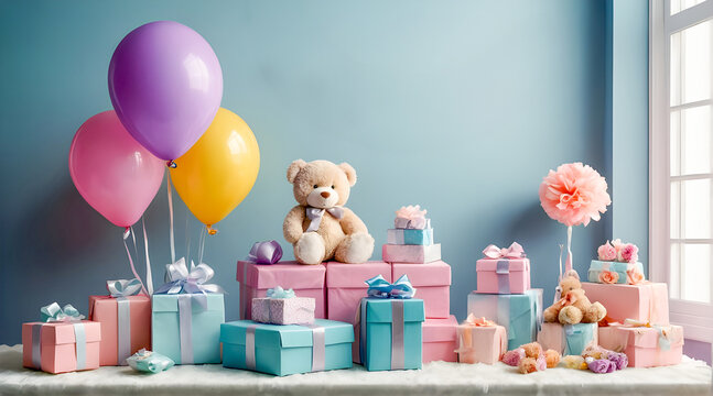 Baby shower party concept. Pink and blue gift boxes with ribbons, colorful balloons on soft pastel background. Celebrating child birthday