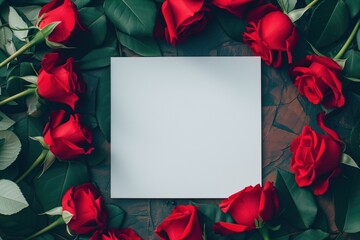 Blank white sheet of paper surrounded by red roses, top view