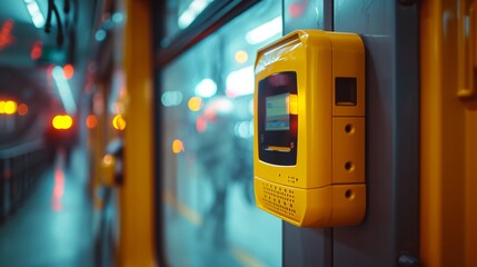 Vibrant yellow public transit contactless card reader with blurred background - obrazy, fototapety, plakaty