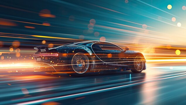 Black sports car speeding on highway at night