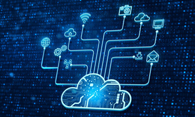 Cloud computing technology internet storage network with technology background. Data information on cloud to backup storage internet data Concept. 3D illustration. - obrazy, fototapety, plakaty
