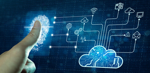 Businessman fingerprint scan on network connection with technology background. Cloud computing, Cyber Security, Data Protection, and network security Concept.