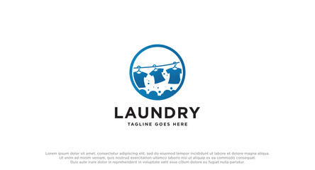 laundry logo in shades of blue with bubbles foam and washing clothes, simple creative logo, icon vector inspiration.