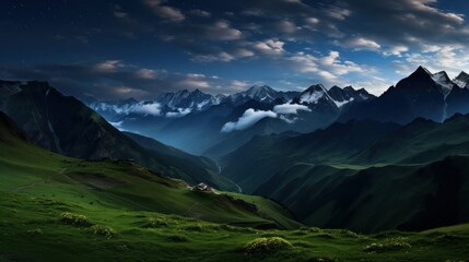 Obraz premium Starry night over snowy mountains and green valley