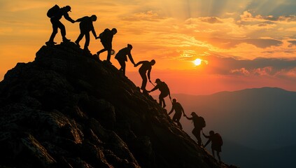 Silhouette of a group of climbers climbing on the top of a mountain