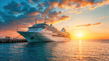 Fototapeta premium A luxury cruise ship basks in the glow of a breathtaking sunset at sea, with vibrant colors reflecting off the calm waters.