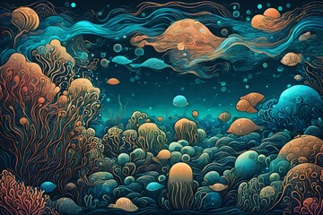 Abstract underwater world with bioluminescent waves