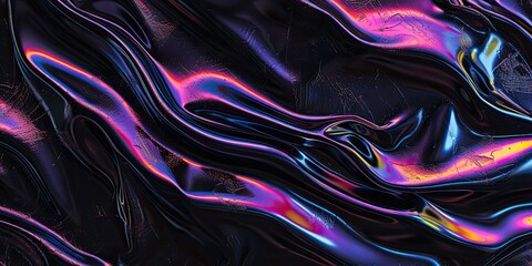 Black abstract background with neon light. Glossy black folds, waves