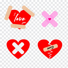 Red hearts for Valentine's Day. Set of isolated vector illustrations on transparent background