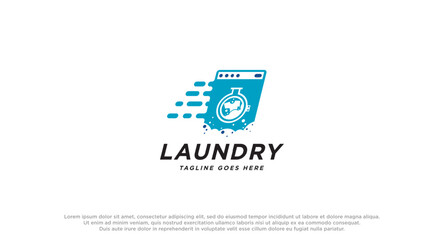 Fototapeta premium laundry logo in shades of blue with bubbles foam and washing clothes, simple creative logo, icon vector inspiration.