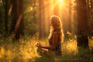 Fototapeta na wymiar A woman in a meditative pose is bathed in the golden light of the sun streaming through a tranquil forest.