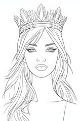 Cartoon flat style simple outline of Fashion girl with a feathered crown coloring page Generative Ai