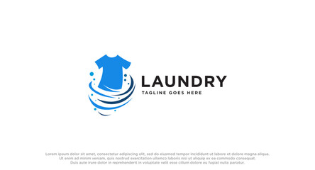 laundry logo in shades of blue with bubbles foam and washing clothes, simple creative logo, icon vector inspiration. - obrazy, fototapety, plakaty