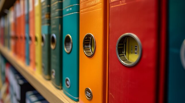 Colorful office binders neatly arranged on a shelf