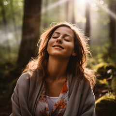 Naklejka premium Serene young woman breathing in fresh air in the sunlight of a lush forest