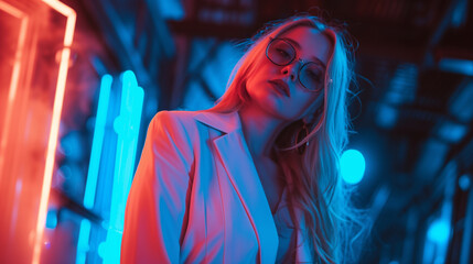 Young hipster woman posing in red and blue neon light on the night street, hot blonde model wearing white suit and glasses