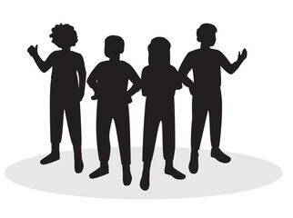 Group portrait of four happy people in smart casual outfits posing against green studio background. Team of 4 confident business men and women standing by office wall