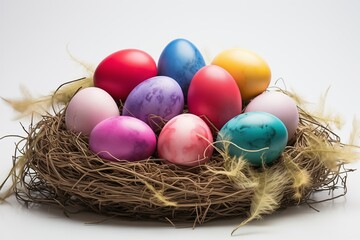 Naklejka na ściany i meble Colored Easter eggs in a low straw basket