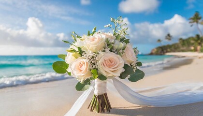 wedding bouquet with white and light pink roses on the beach