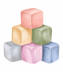 Watercolor cubes vector illustration. Watercolor toys. Cute cartoon bricks