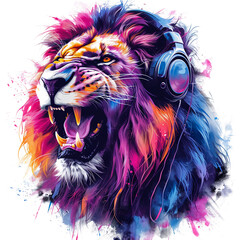 lion head wearing headphone, listen music,  isolated on black