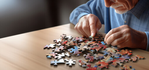 An elderly man engages in the meticulous task of piecing together a puzzle, a metaphor for life's complex challenge